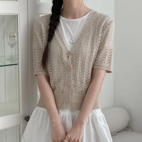 여자 스카시니트 V넥 반소매 여성스러운 가디건