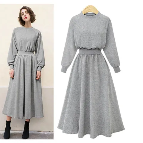 여성 데일리 롱 원피스 허리 밴딩 플레어 치마 맨투맨 가을원피스 겨울원피스 밴딩원피스