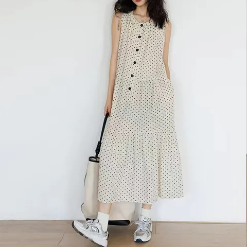 259059 - 도트 버튼 3단 린넨면 롱원피스 루즈핏 빅사이즈 여름원피스 린넨원피스 면원피스 40대 50대 100사이즈 인견원피스