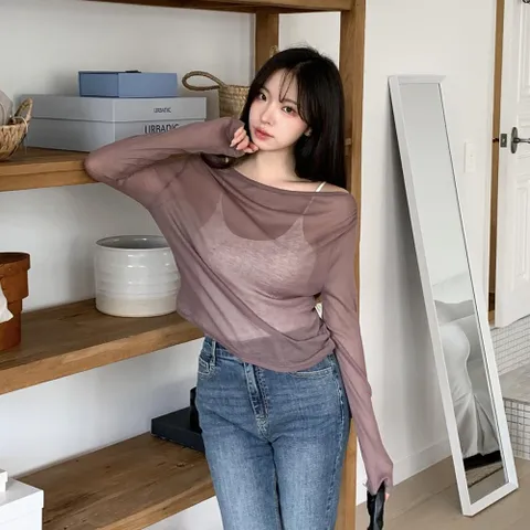 [다잇템] 여자 볼드숄더 비침 클래식 드레이프 티셔츠