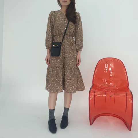 쉬폰 원피스 노카라 브이넥 시폰 정장 이너 봄 가을 빅사이즈 66 77 88 미시 40대 50대 중년 퍼프 소매 결혼식 하객룩 베이지