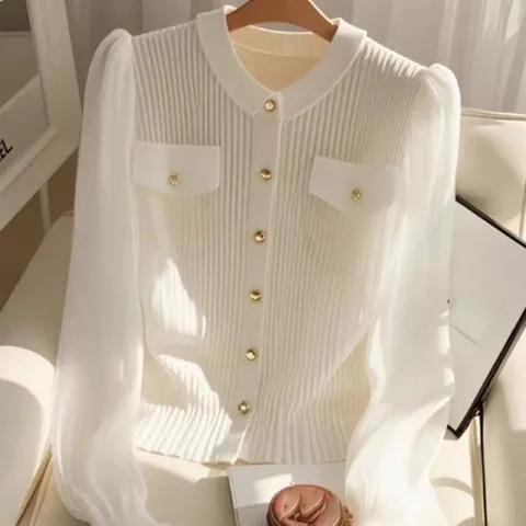 여자 플리츠 쉬폰 벨소매 블라우스 JSW-BLS-SP0000CUO-흰색