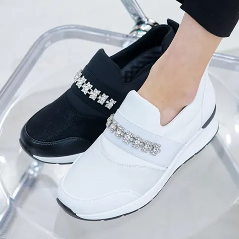 [더힐슈즈] 가죽콤비 큐빅 여성여자 슬립온 운동화 스니커즈 4cm/2color smp129