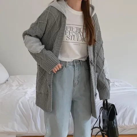 [다잇템] 여자 빅사이즈 조각 스웨터 엘보 떡볶이 가디건