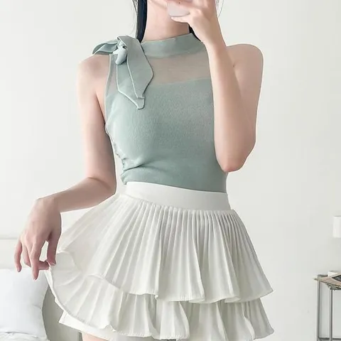 [하프클럽/다잇템_패션]여자 SS 비침 옆셔링 페미닌 슬리브리스 니트