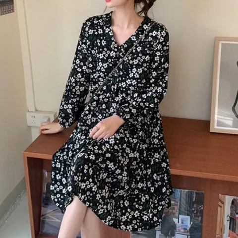 플라워 롱더 a라인 허리스트링 써피 투피스 S 프시  프릴브이넥  플라워  허리끈  쉬폰