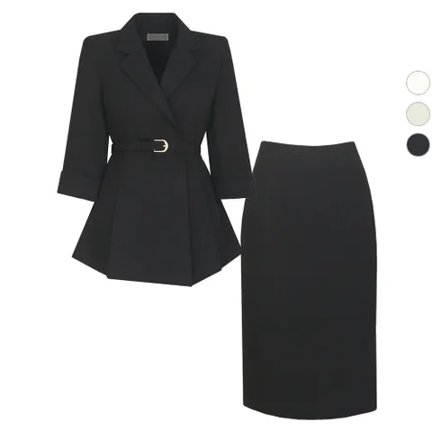 SET 여성 여름 벨티드 7부 정장 자켓+스커트 세트