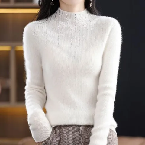 여성용 올데이 롱슬리브 환절기 가을철울 레이디 풀오버 반팔티 아이보리 캐시미어니트