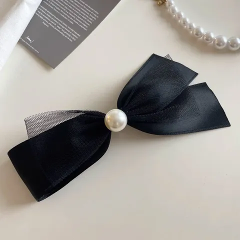 헤린 블랙 리본 포인트 진주 언발 헤어 머리핀 리본핀