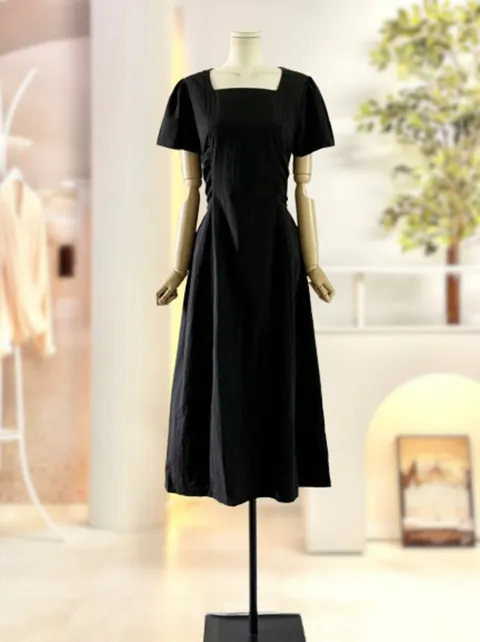 스퀘어넥 핀턱 셔링 스트링 롱 반팔 원피스 SSD4OP08CO1