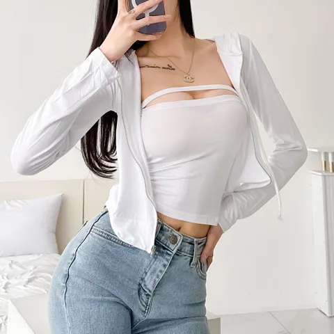 여자 글램룩 크롭 트임 튜브 탑 긴팔 후드 집업 세트