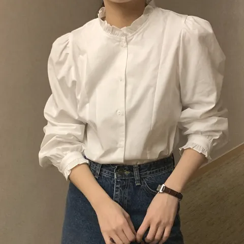 문에이블 봄 가을 간절기 여자 여성 프릴 기본 면 흰색 남방 셔츠 블라우스