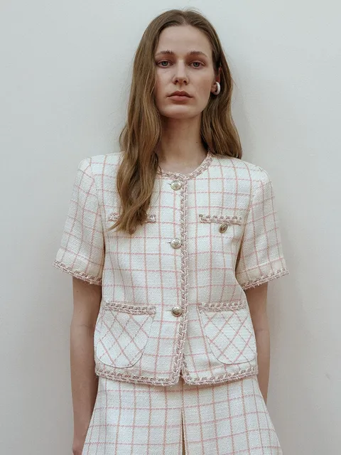 린넨 트위드 크롭 반팔 가디건 자켓 - 핑크