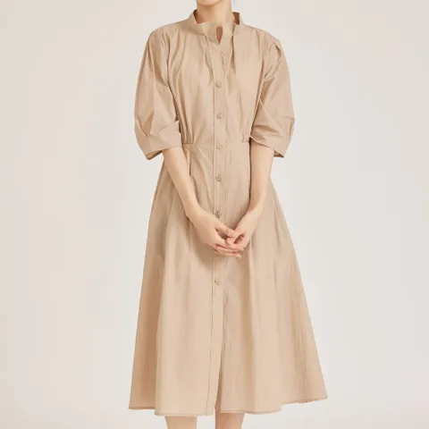 스탠드카라 셔링 턱 원피스