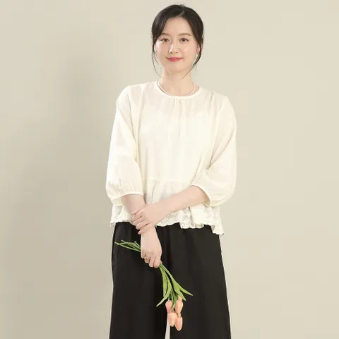 엄마옷 레이스 셔링 아사면 얇은 루즈핏 봄 여름 긴팔 속지 이너 레이어드 잠옷 티셔츠 A04547