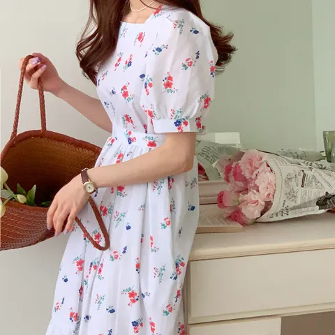 네쥬 여성 봄 여름 스트랩 퍼프 예쁜 반팔 롱 원피스