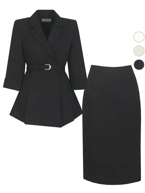 SET 정장 여름 7부 벨티드i 여성 자켓+스커트 세트