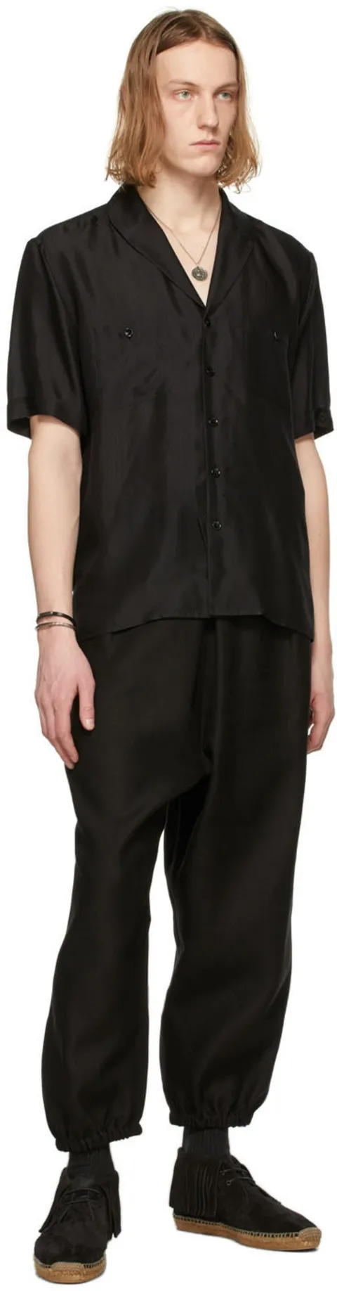 생 로랑 블랙 실크 보일 줄무늬 쇼트 슬리브 셔츠 211418M192027