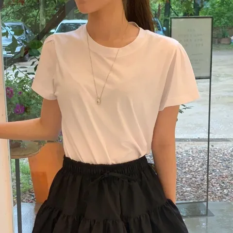 여자 반팔흰티 데일리 U넥 면원단 잔주름 SS 티셔츠