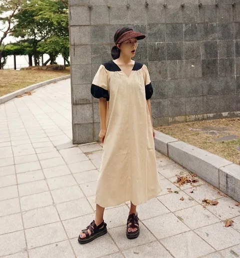 오버핏 린넨 배색 퍼프소매 롱 원피스n710