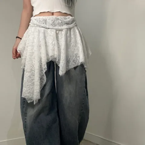 여성 시스루 언발 레이어드 스커트 레이스 미니 치마 [2color 속바지 밴딩 프릴 치마바지 블랙 화이트 그런지룩 보헤미안룩]