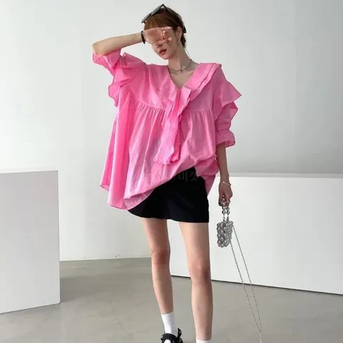 [하프클럽/옷자락]여자 반팔 A라인 루즈핏 튜닉 통소매 러플 블라우스