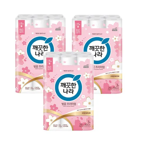 깨끗한나라 벚꽃 프리미엄 3겹 화장지 28m 30롤 3P
