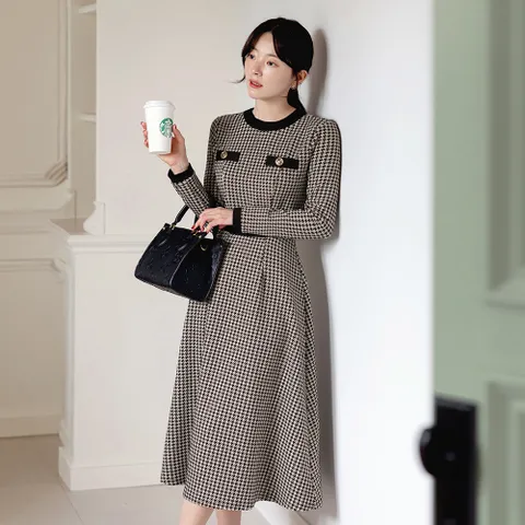 (~XXL까지) 로어블 하운드체크 배색 스판 니트 원피스 봄,가을 하객룩 오피스룩 격식룩 데이트룩 롱원피스