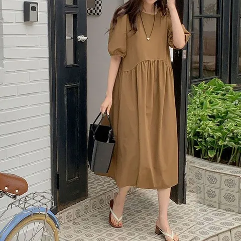 [하프클럽/보리맘]바스락 벌룬 소매 셔링 미디 롱 원피스 여름 여행 휴양지