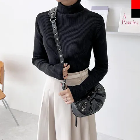 [다잇템] 여자 롱슬리브 빨간 터틀넥 베이직 검정 니트