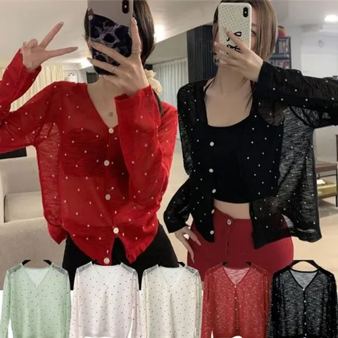 [하프클럽] 여성 여름 긴팔 니트 도트가디건 시스루 볼레로 크롭