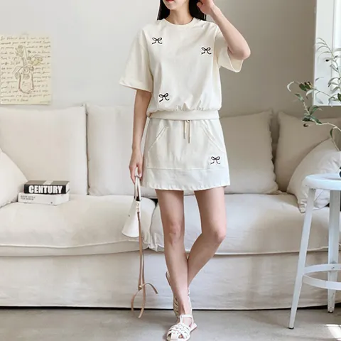 H스타일(DK)트리리본스컷세트 여름 여성 반팔 트레이닝복세트 츄리닝셋트 스커트셋업 홈웨어