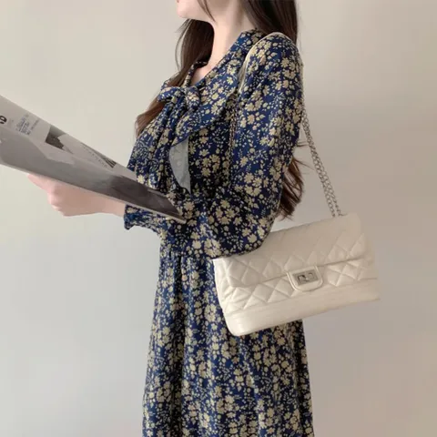 긴팔 원피스 꽃무늬 리본 프릴 플라워 봄 가을 쉬폰 원피스 드레스 롱원피스 여성원피스