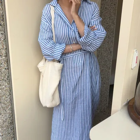 리즈어게인 스트라이프 셔츠 롱 원피스