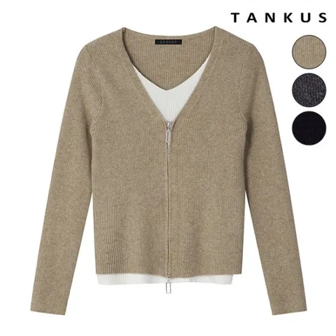 정상가 59000원ㅣ브이넥 투웨이 집업 레이어드 배색 니트 (TW3KP019L0)