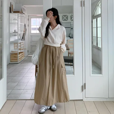 [옷자락] 여자 항아리치마 스트링 카고 포켓 바스락 롱스커트