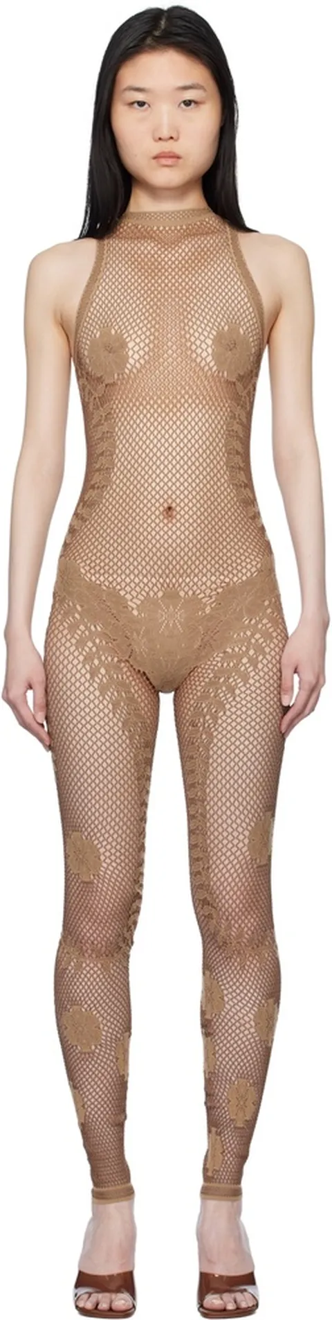 포스터 걸 베이지 페치 홀터넥 피쉬넷 점프수트 SS25CSW152