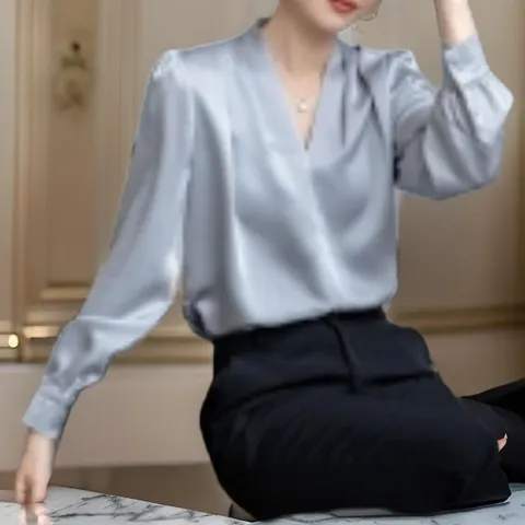 [M7] 여성 잔주름 들러리룩 새틴 실크 핀턱 블라우스