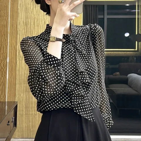 [브리치] 제로투올샵 / 물방울 리본 디자인 긴팔 쉬폰 블라우스 블랙