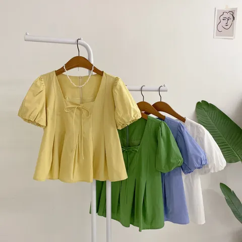 [브리치] 허니제이 / 엔슬 핀턱 리본 퍼프소매 반팔 블라우스(4color)