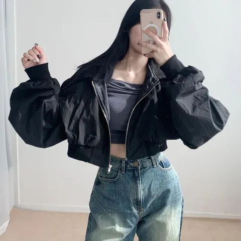 [하프클럽/여자 가을아우터 크롭 빅카라 집업 퍼프 항공 점퍼