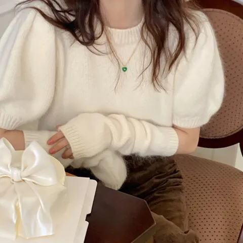 클리어 앙고라 핸드워머 반팔 퍼프 니트