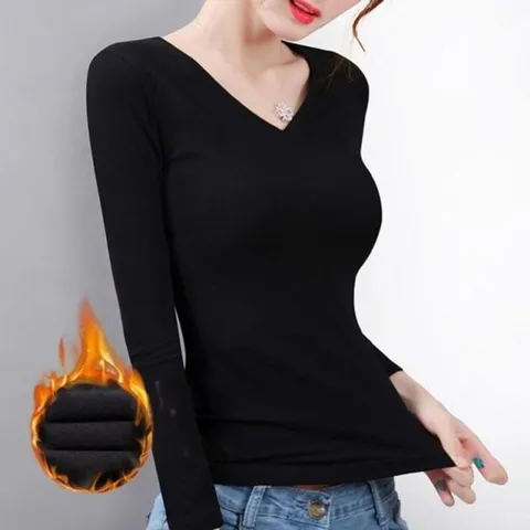 여자 플리스 브이넥티셔츠스판덱스 이지 레이어드티 V넥 심플 풀슬리브 상의