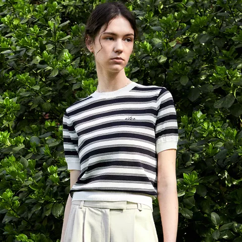 MIXED STRIPE HALF SLEEVE KNIT_NAVY
