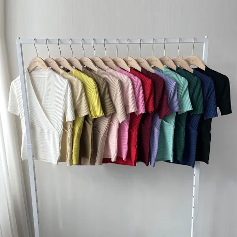 [브리치] 글램핏 / 페미닌 랩 슬림 브이넥 반팔 여름 골지 니트 티 14컬