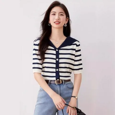 아우터니트 하프슬리브 심플 여름니트 여자 세일러가로줄 여름니트 여성여름니트