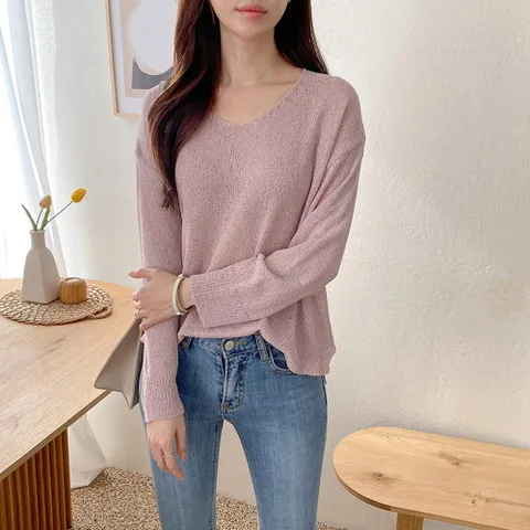 [다잇템] 여자 V넥 데일리 롱슬리브 SS 헐렁한 티셔츠