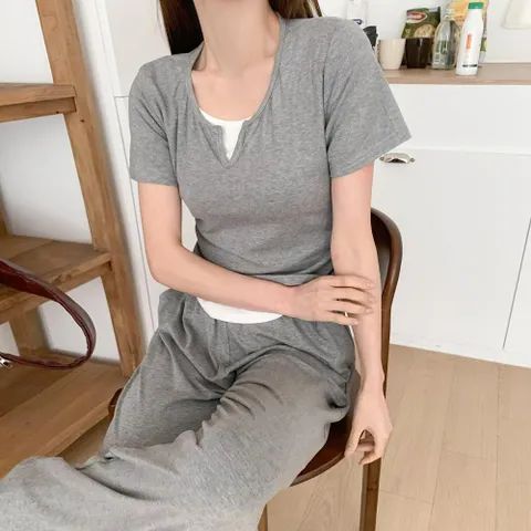여성 면폴리 브이넥 반팔 티셔츠 와이드팬츠 세트