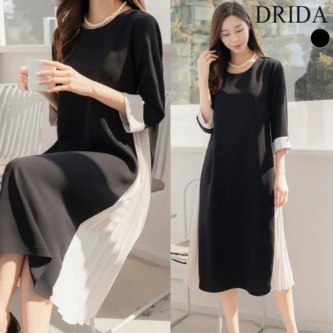 엄마옷 드리다 여성 봄 여름 플리츠 배색 빅사이즈 고급 정장 모던 검정 원피스 40-50대 미시 중년여성 하객