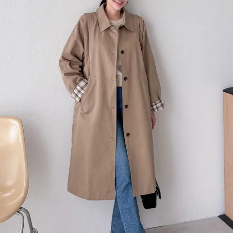 여자 빅사이즈 가을코트 롤업배색 단추 카라넥 롱코트_3